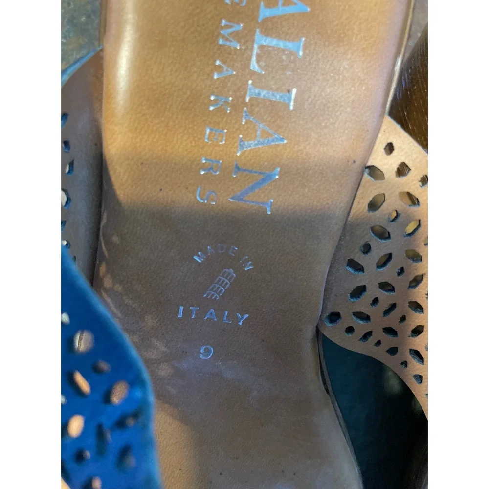Italian Shoemakers Navy Blue Laser Cut Wedge Sandals Made in Italy‎ Womens 9